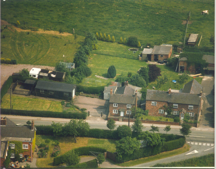 An aerial view of Hankelow houses Brookes Farm, Ivy Cottage and Greenbank in the late 1980s