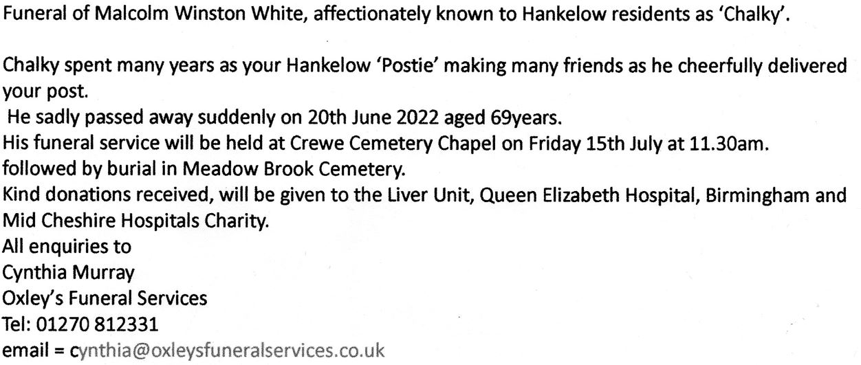 Chalky funeral notice